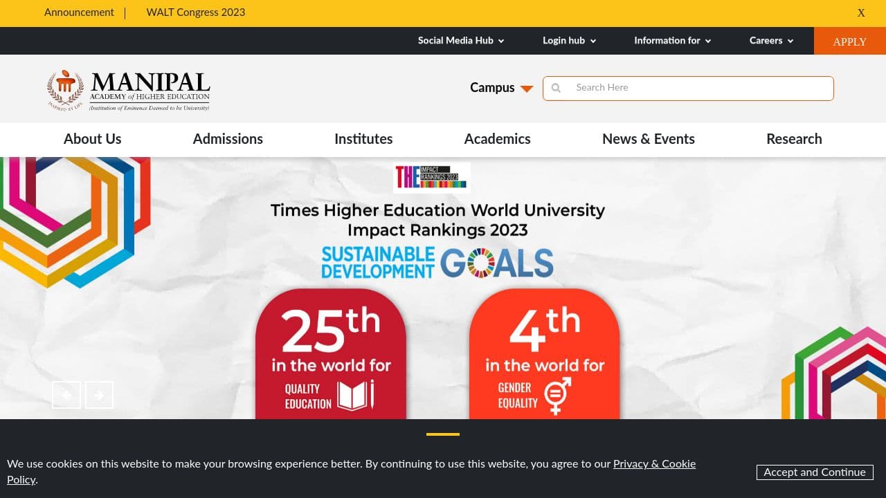 Manipal Academy of Higher Education website screenshot