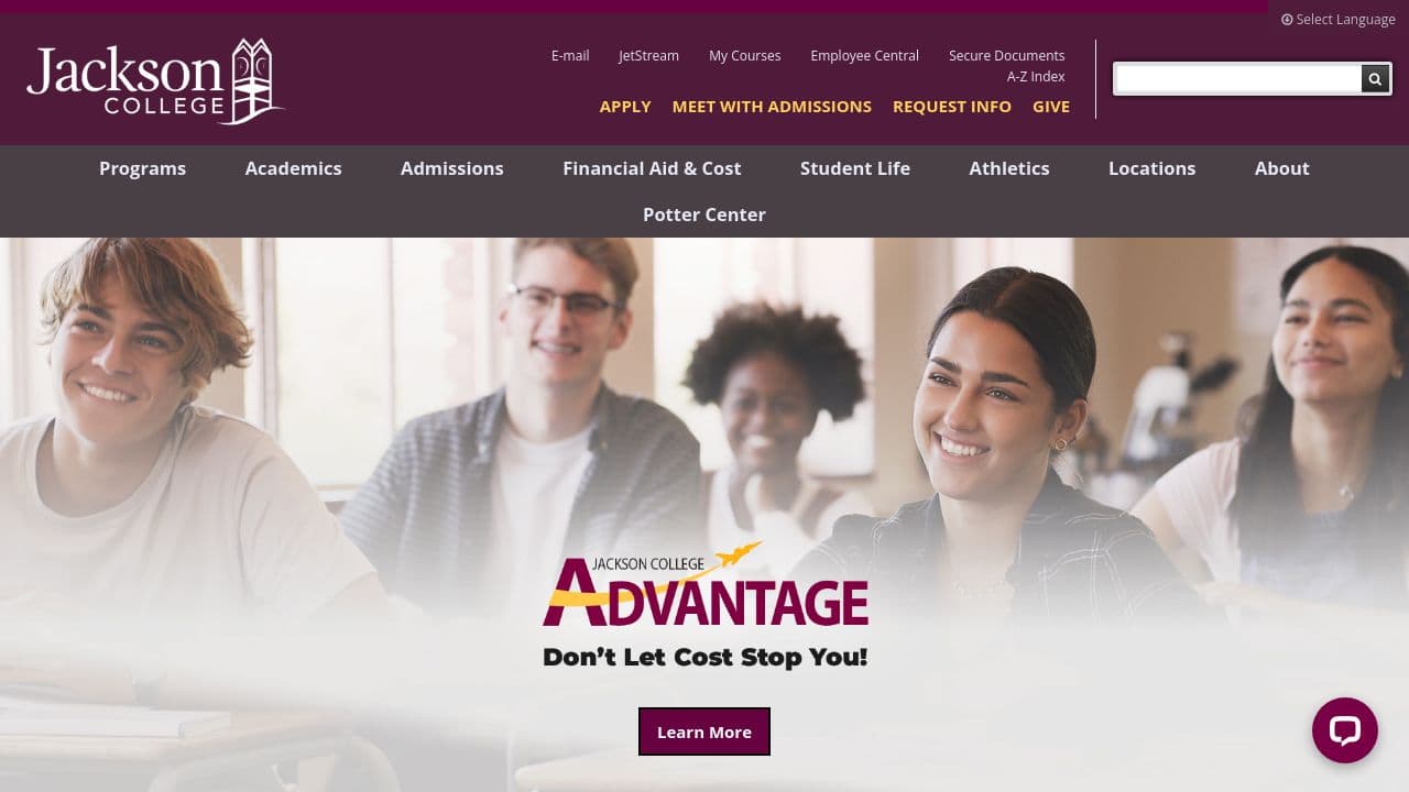 Jackson College website screenshot